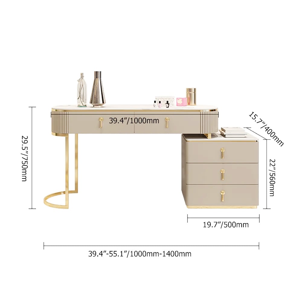 Nordic extendable dressing table with 5 drawers and champagne stone top weights dimensions image