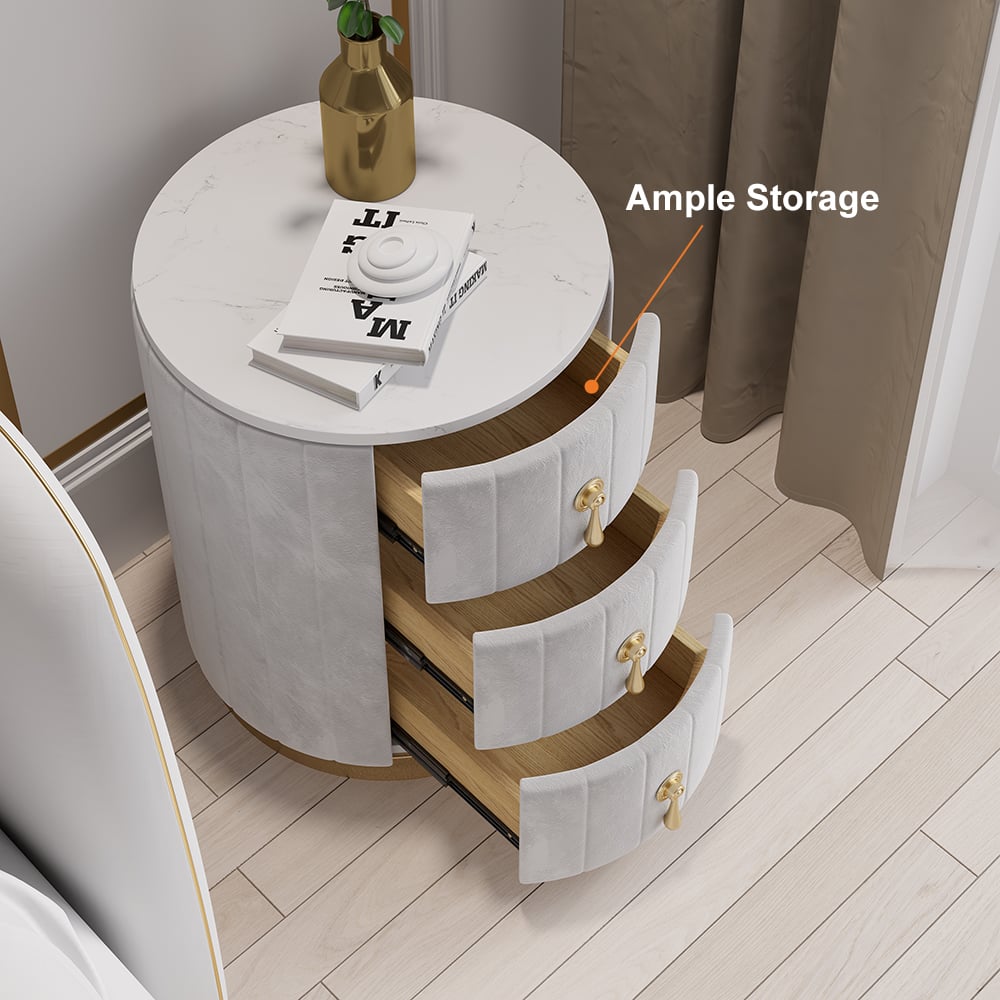 Questions and Answers for Sintered Stone Top 3-Drawer Round Velvet Nightstand