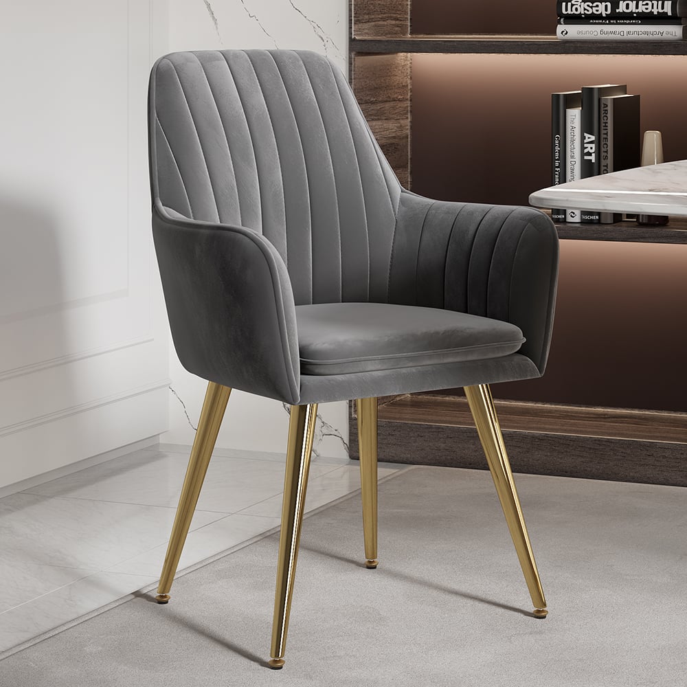 Avis Clients sur Chaise de salle à manger moderne rembourrée en velours gris avec accoudoirs (lot de 2)