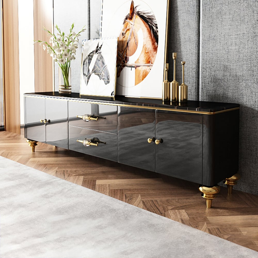 Questions et Réponses pour Meuble TV Chift, moderne, noir, 4 portes et 2 tiroirs, console multimédia luxueuse pour téléviseurs jusqu'à 2000 mm