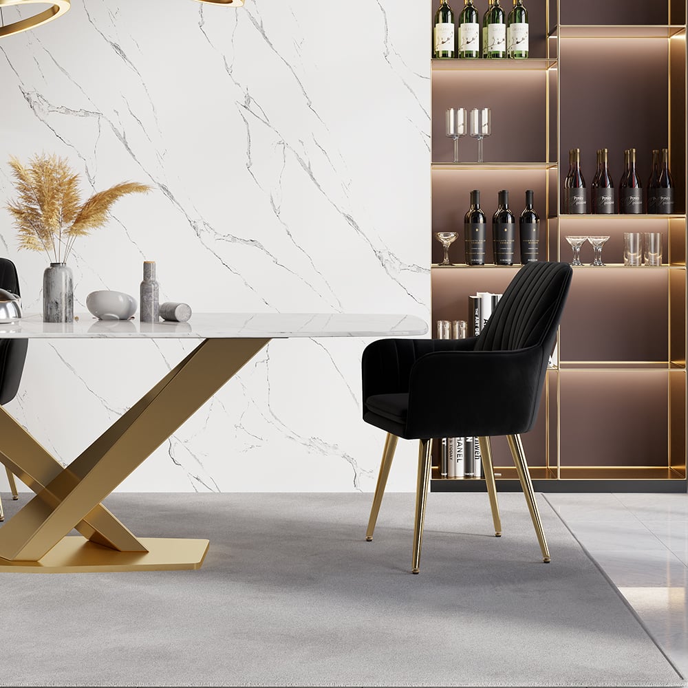 Vragen en antwoorden voor Moderne eetkamerstoel Zwart fluwelen gestoffeerde eetkamerstoelen met armen (set van 2)