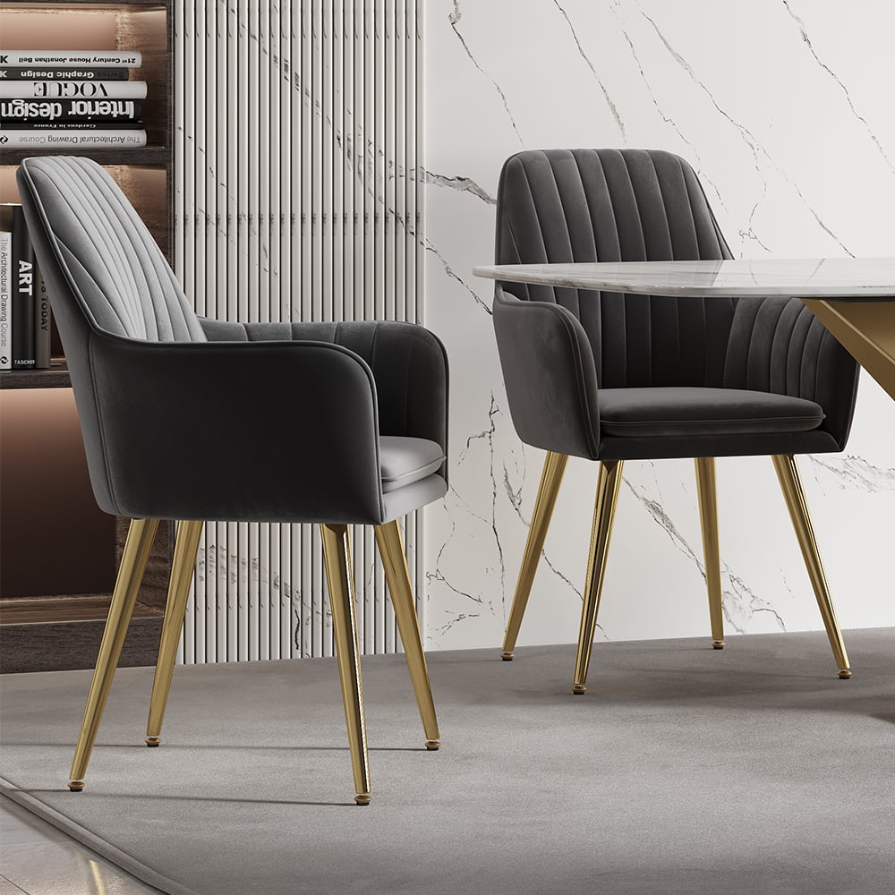 Avis Clients sur Chaise de salle à manger moderne rembourrée en velours gris avec accoudoirs (lot de 2)