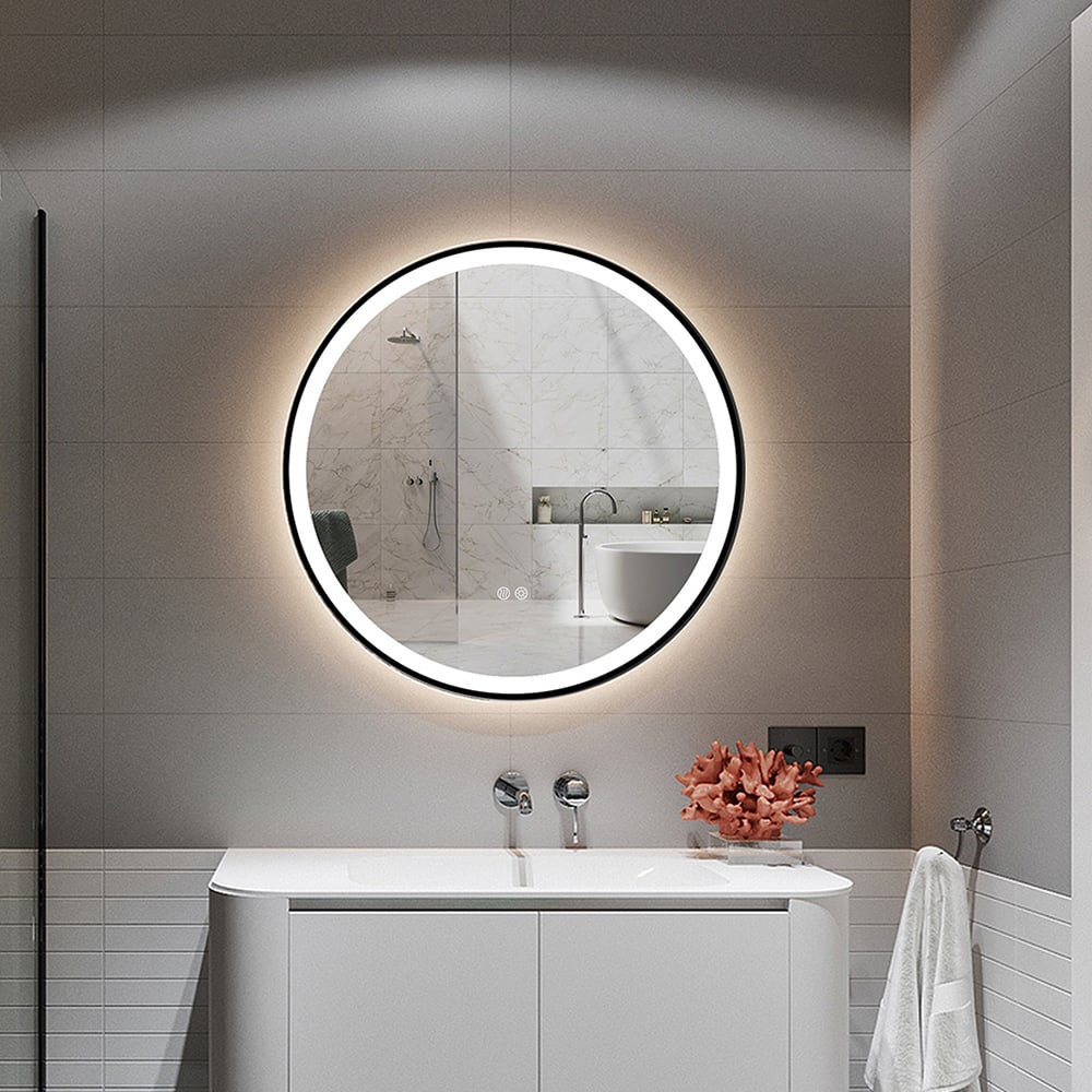 Questions et Réponses pour Miroirs de salle de bain encadrés noirs avec lumières Miroir mural rond de salle de bain à LED
