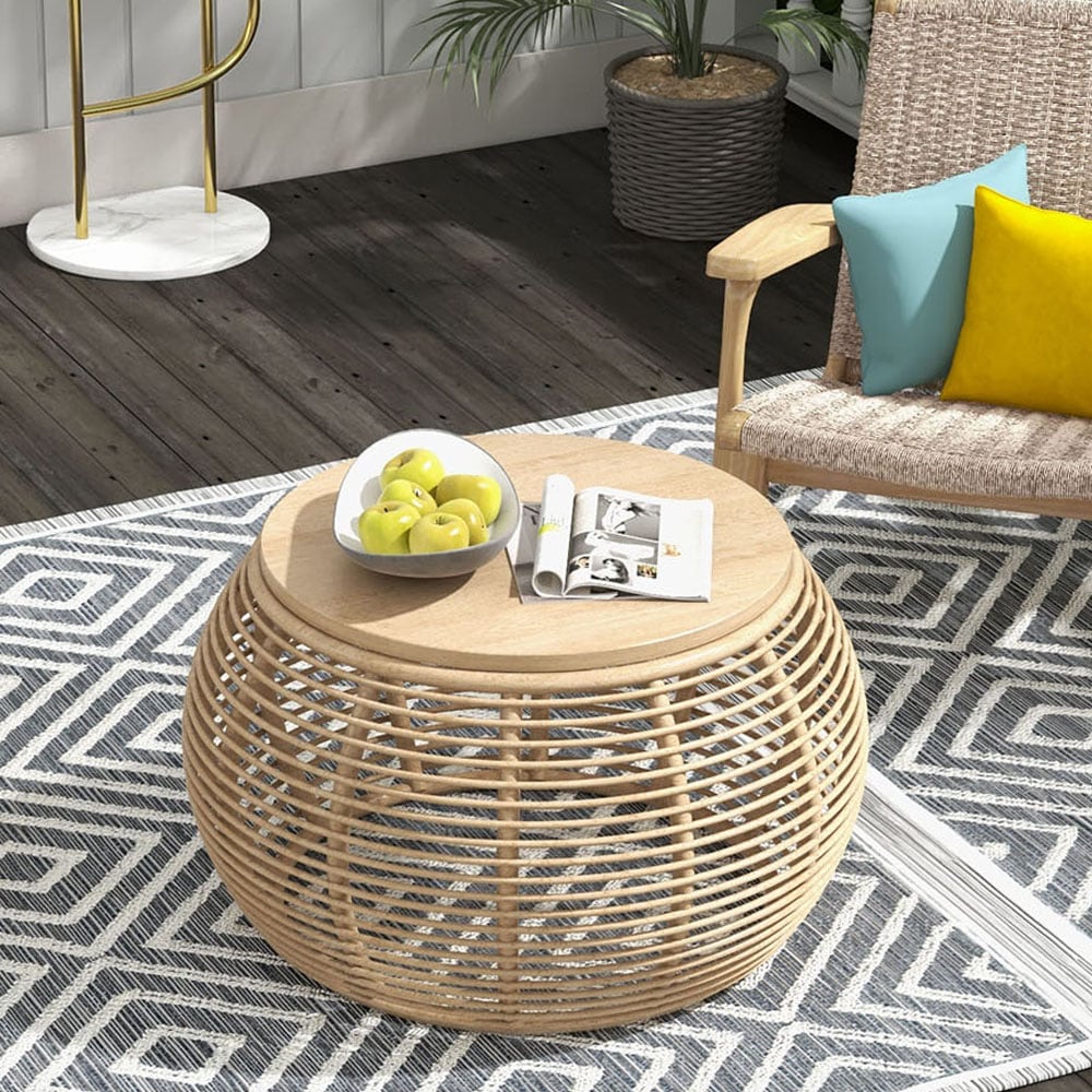 Perguntas e respostas para Mesa de café de vime redonda natural Boho de 31,5" para pátio com tampo de madeira