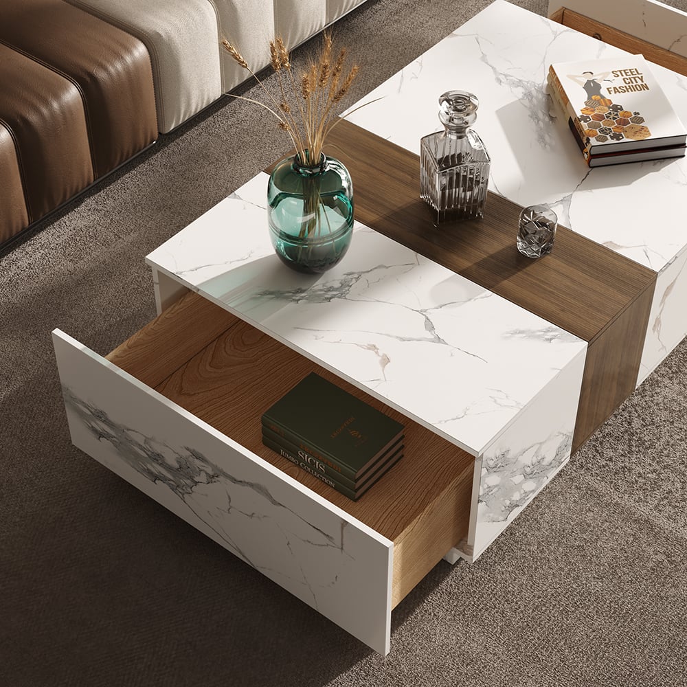 Vragen en antwoorden voor Vewal 119 cm Marmer & Notenhoutfineer Blok Salontafel met 2 laden
