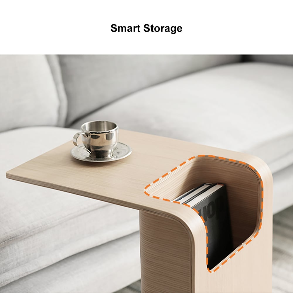 C-Shaped Natural Convertible Wood Side Table with Storage