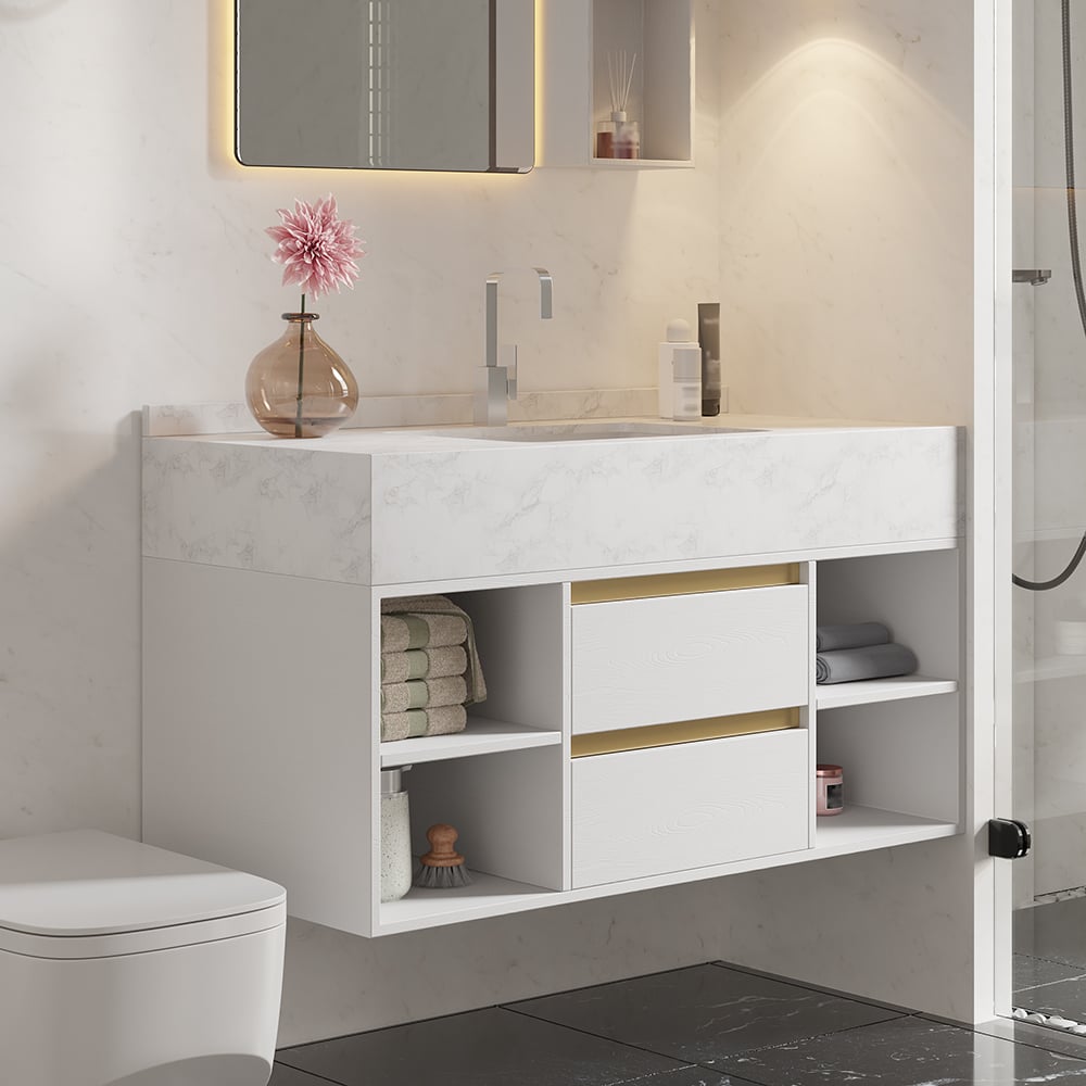 Questions and Answers for White floating vanity set with ceramic sink, 2 drawers and open shelves