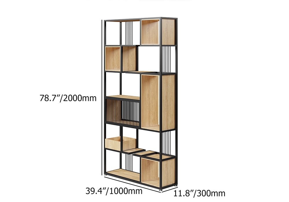 78" Modern Black Steel Geometric Bookcase 6-Tier Bookshelf Wooden Tall Book Shelf weights dimensions image