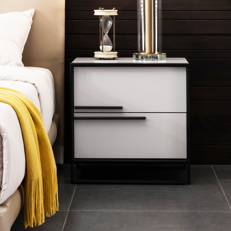 Avis Clients sur Table de chevet moderne blanche avec 2 tiroirs et poignée de rangement à gauche