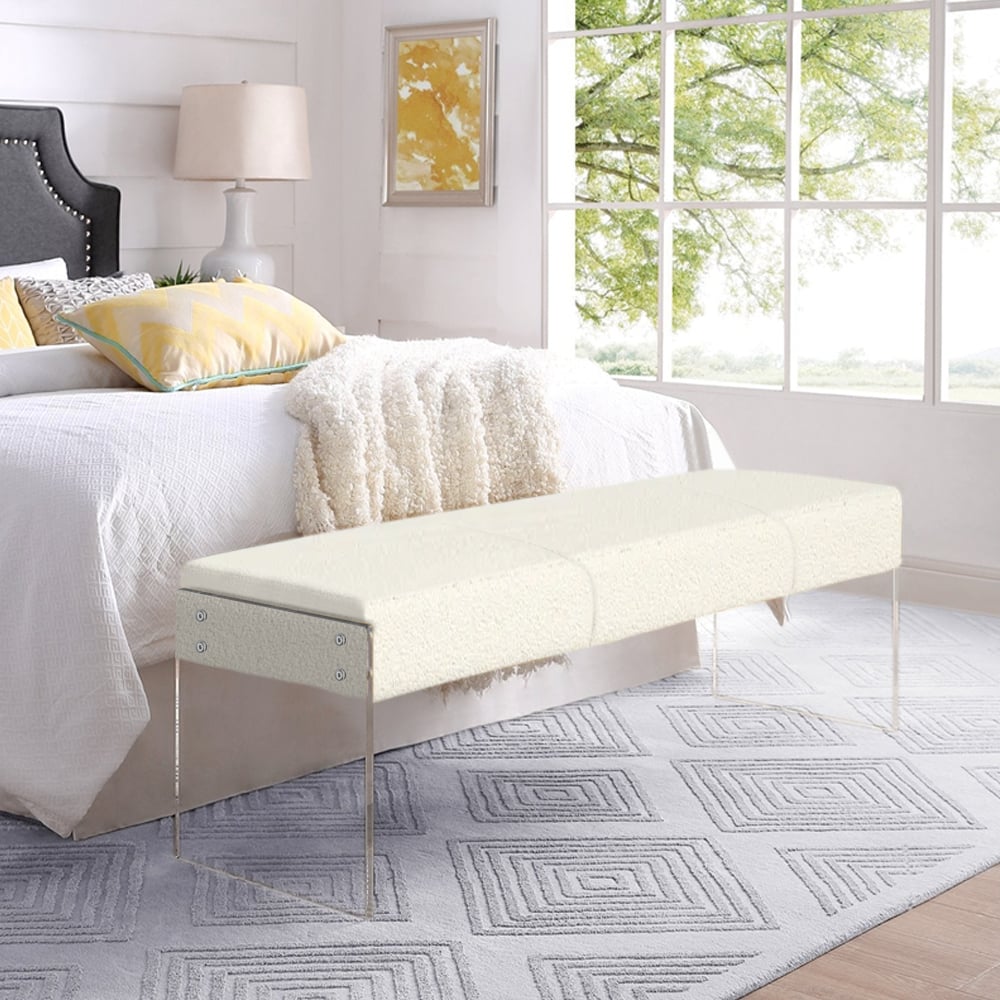 Questions and Answers for Modern White Bedroom Long Bench Boucle Tufted Bed Bench with Acrylic Base