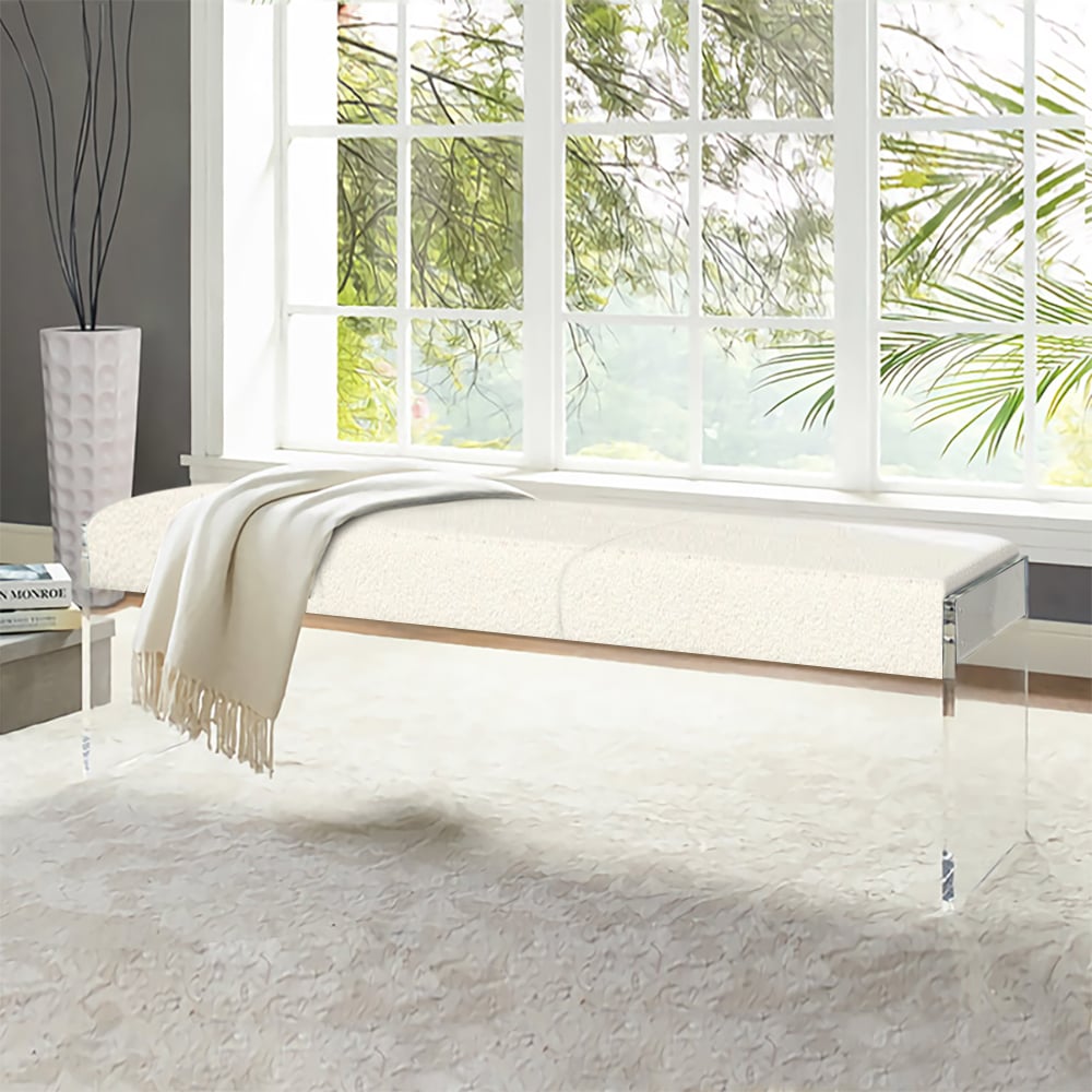 Questions and Answers for Modern White Bedroom Long Bench Boucle Tufted Bed Bench with Acrylic Base