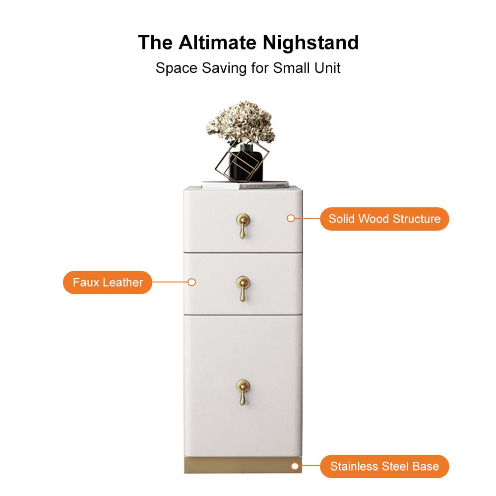 Domande e risposte per Comodino moderno a 3 cassetti bianco sporco e stretto con rivestimento in ecopelle