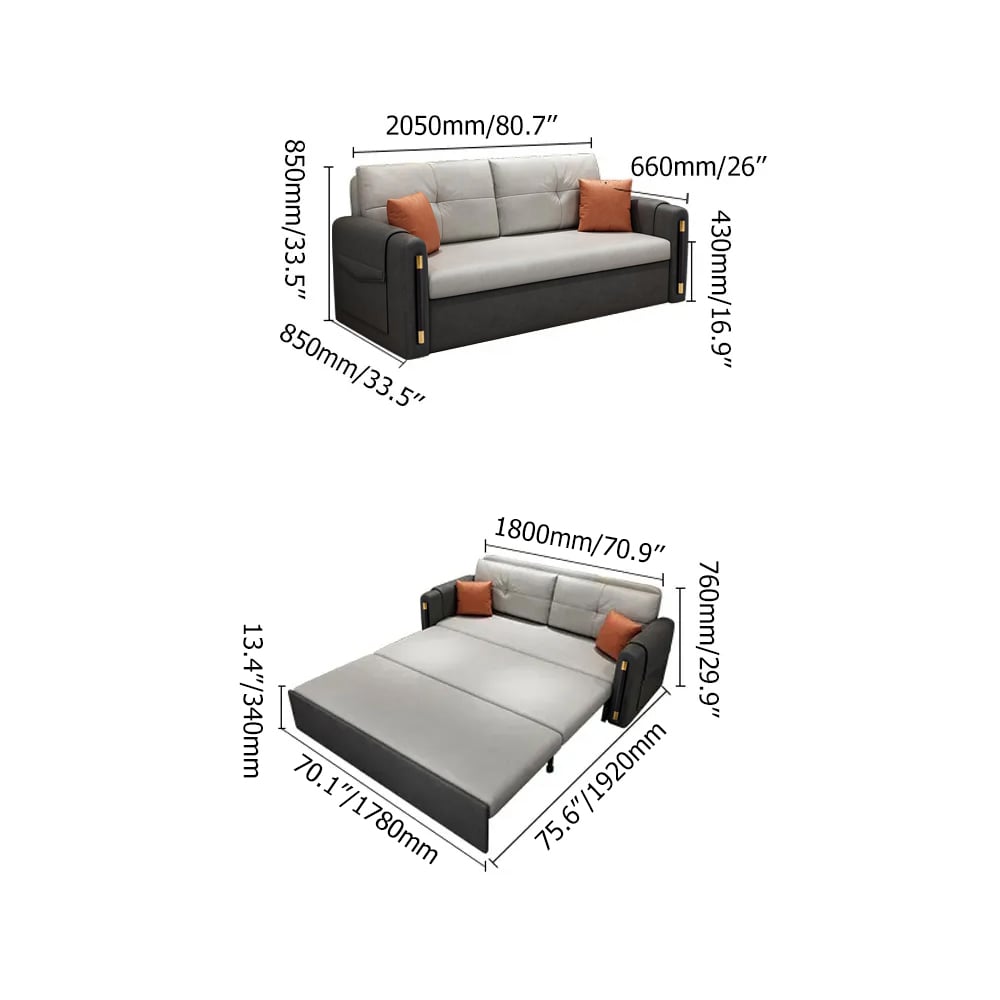 81" King 3-Seater Leath-aire Convertible Sleeper Sofa weights dimensions image