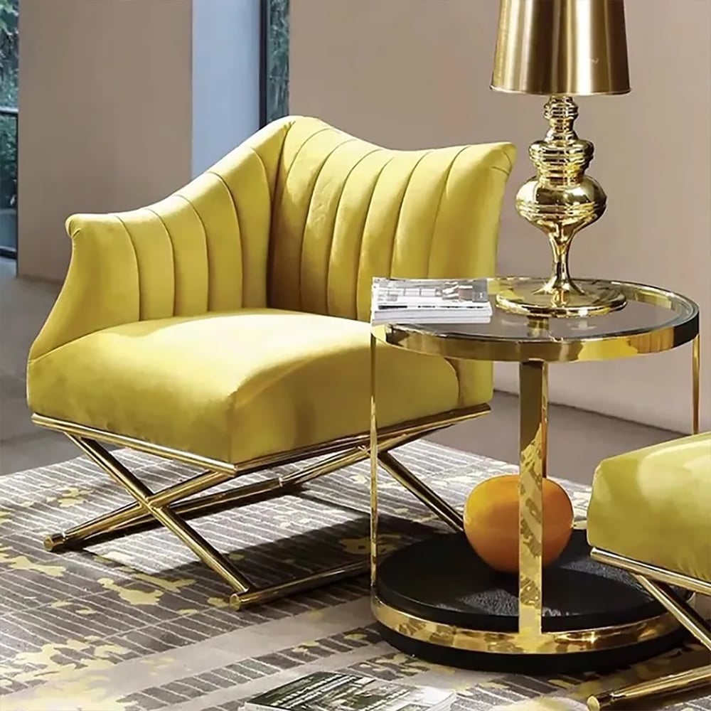 Questions and Answers for Yellow Velvet-upholstered Accent Chair with Right Side Armrest and Gold Legs
