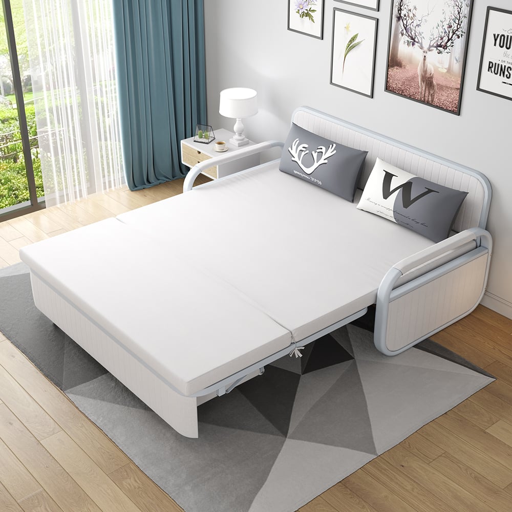 Questions et Réponses pour Canapé-lit blanc convertible moderne en coton et lin de 1580 mm avec rangement