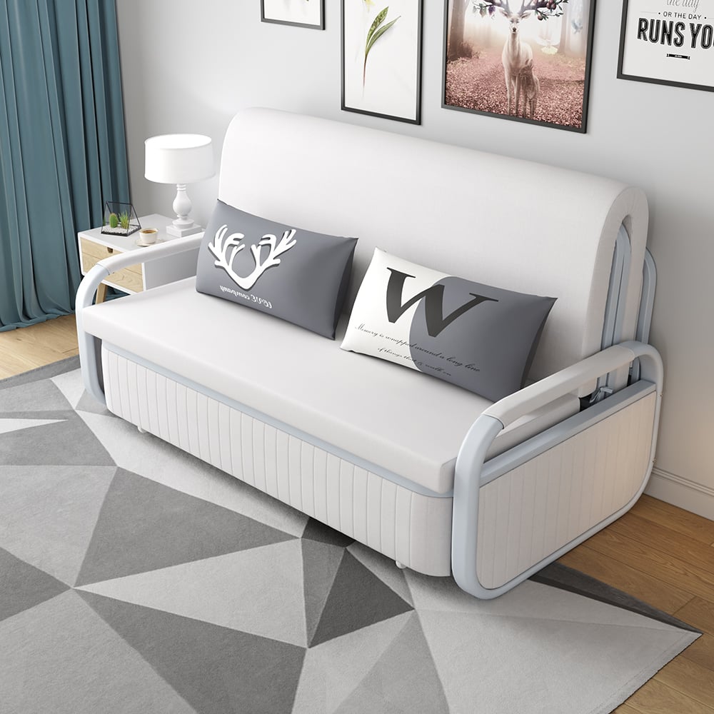 Questions et Réponses pour Canapé-lit blanc convertible moderne en coton et lin de 1580 mm avec rangement