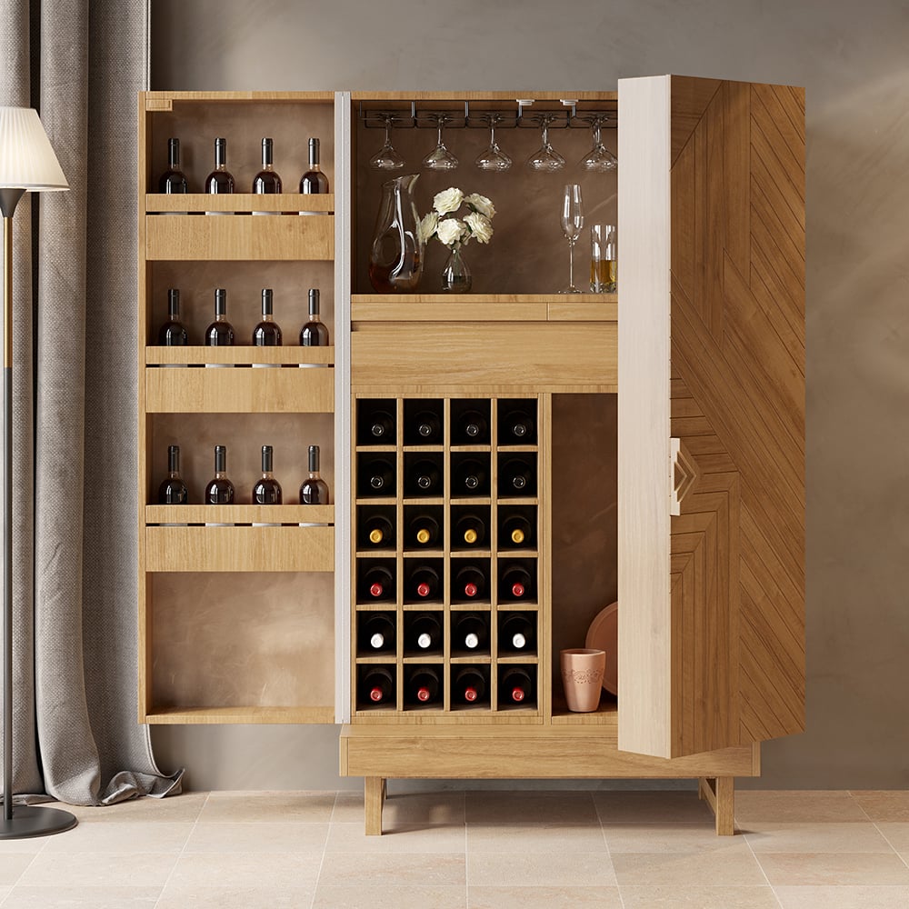 Questions and Answers for Modern Tall Home Bar Cabinet Pine Wood Wine Cabinet with Storage