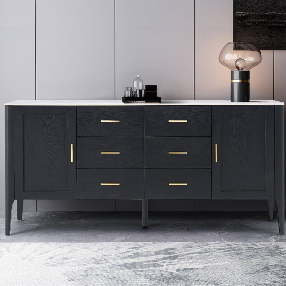 Questions and Answers for Modern Black Sideboard Buffet Sintered Stone Top Drawers&2 Doors Kitchen Cabinet