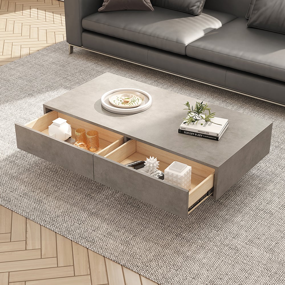 Customer Reviews for Japandi Rectangle Concrete Grey Coffee Table with 2 Drawers & Open Storage