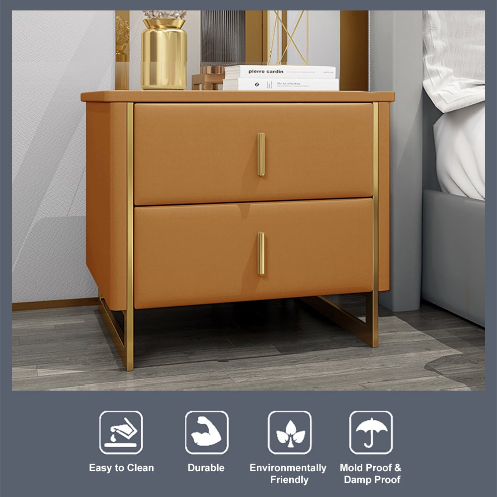 Questions and Answers for Modern Orange Nightstand 2-Drawer Faux Leather Bedside Table in Gold