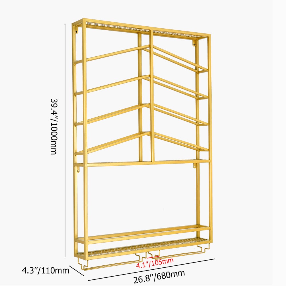 Industrial Metal Wall Mounted Gold Wine Rack with Glass & Bottle Rack weights dimensions image