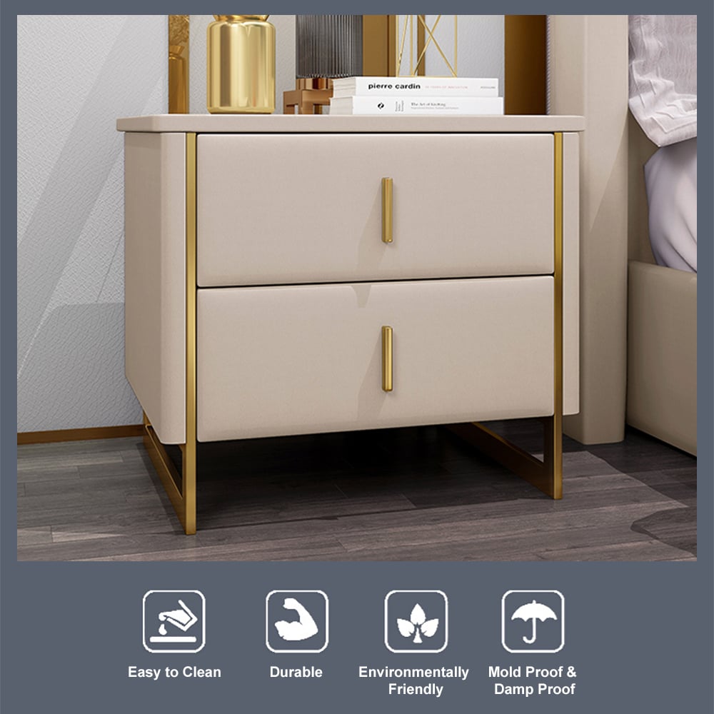 Questions and Answers for Modern Beige Bedside Table 2-Drawer Faux Leather Bedside Table in Gold