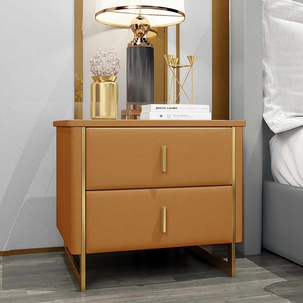 Questions and Answers for Modern Orange Nightstand 2-Drawer Faux Leather Bedside Table in Gold