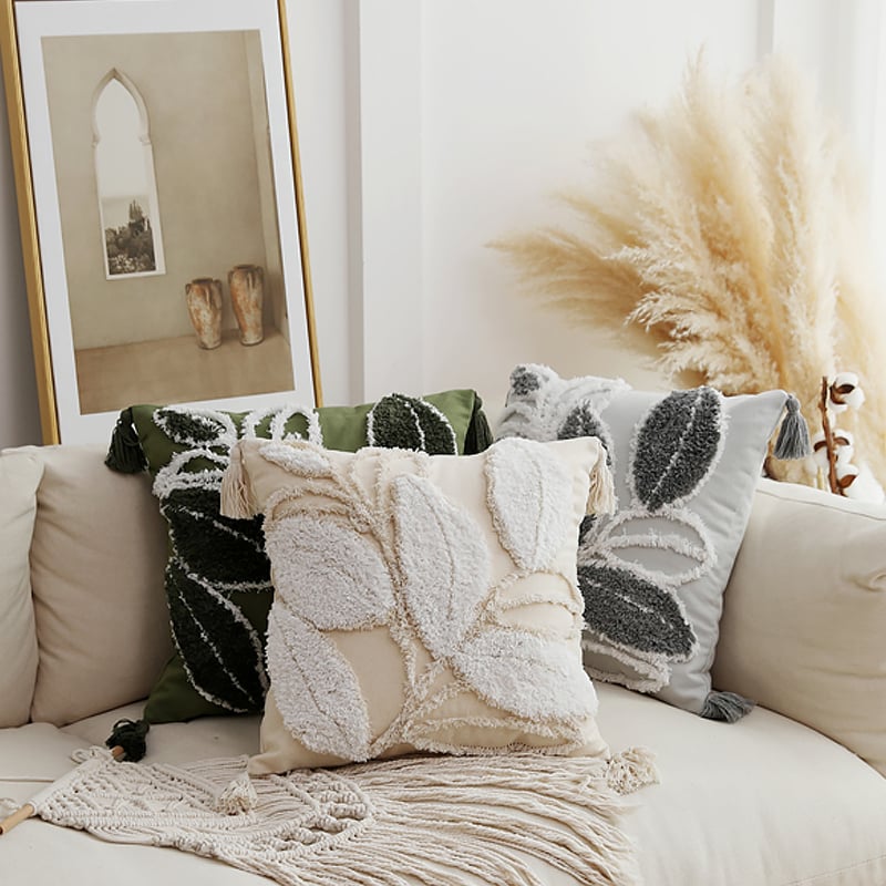 Questions and Answers for 450mm x 450mm Boho White Tassel Decorative Leaves Throw Pillow Cover Cushion Protector