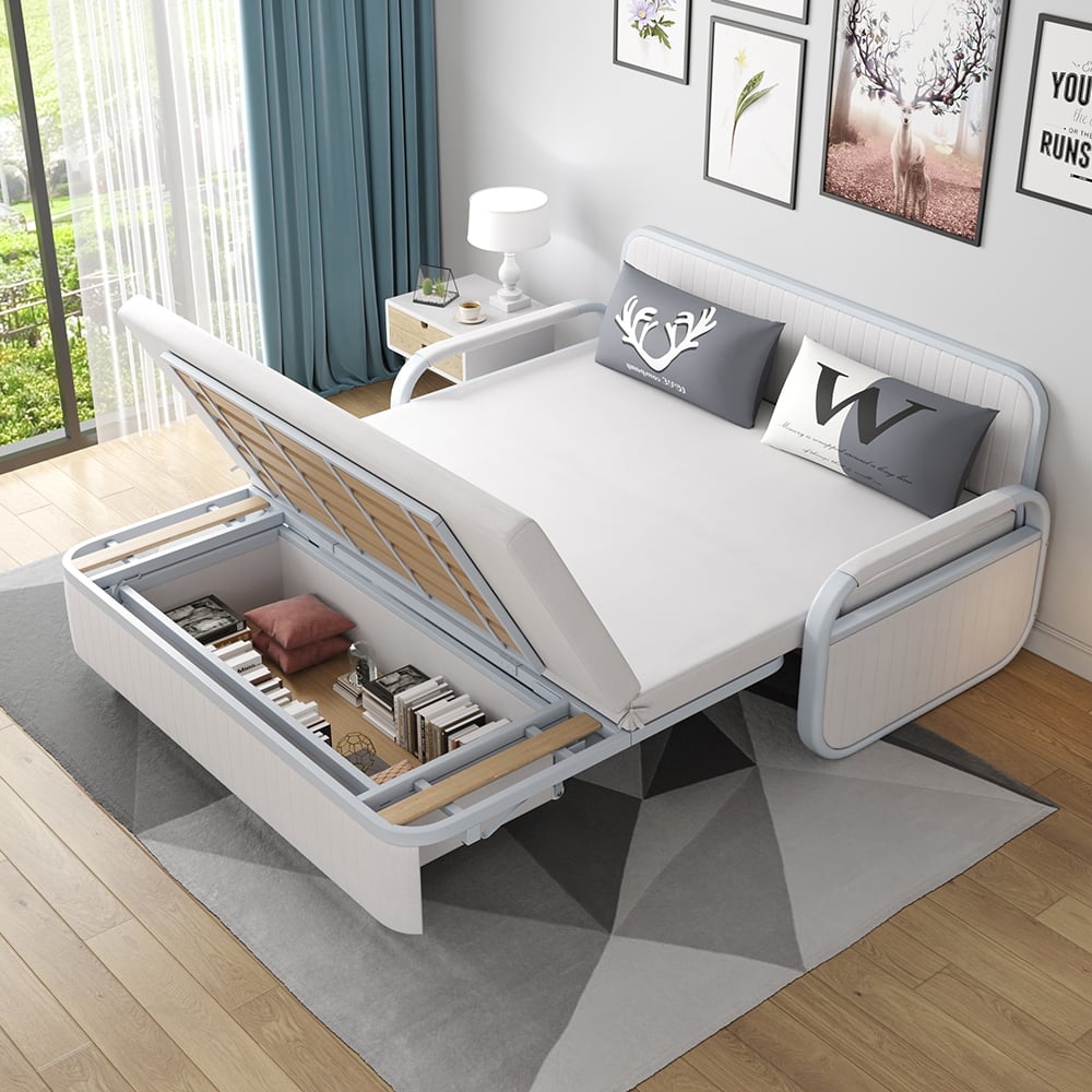 Questions et Réponses pour Canapé-lit blanc convertible moderne en coton et lin de 1580 mm avec rangement