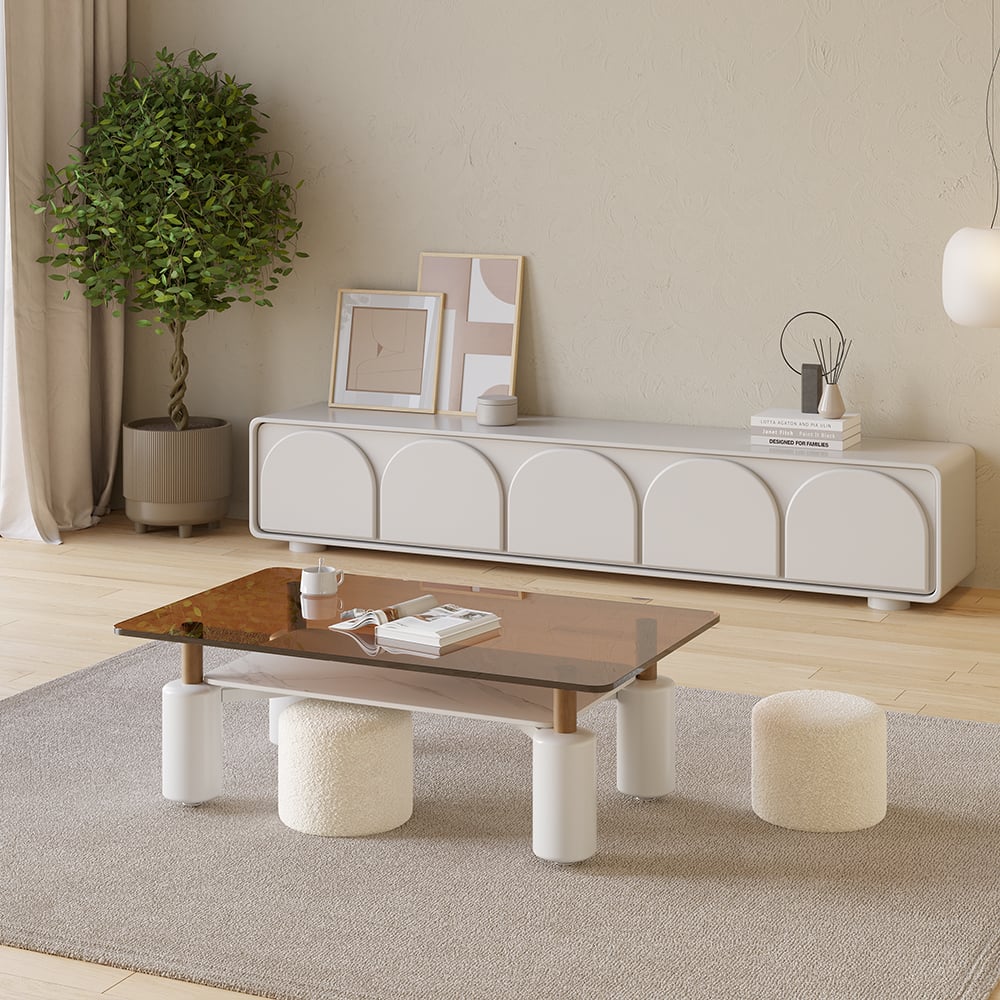 Questions and Answers for Clear Glass Unique Coffee Table & 2 Boucle Nesting Stools Rectangle with Sintered Stone