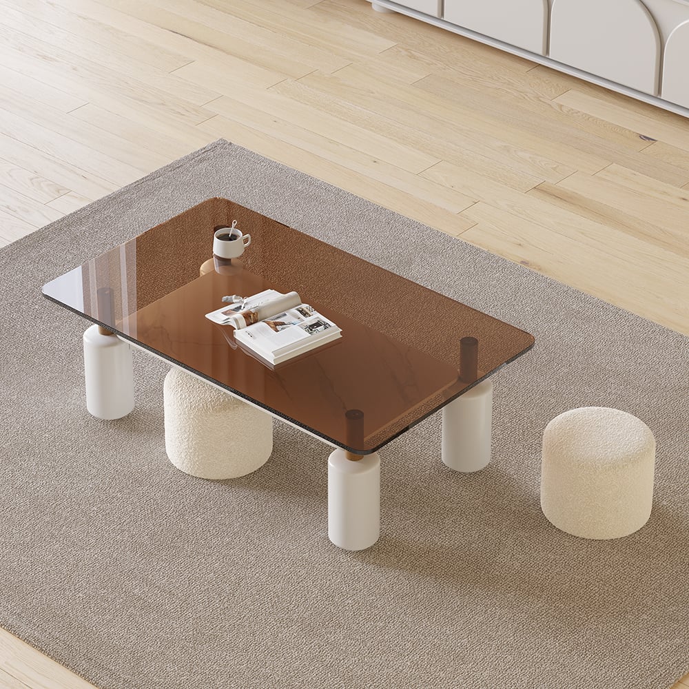 Questions and Answers for Clear Glass Unique Coffee Table & 2 Boucle Nesting Stools Rectangle with Sintered Stone