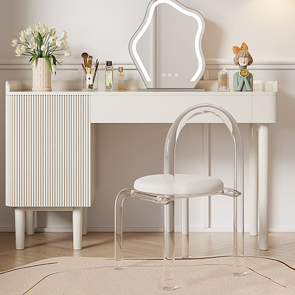 Questions and Answers for Modern White Vanity Stool with Back Velvet Upholstered Acrylic Chair for Bedroom