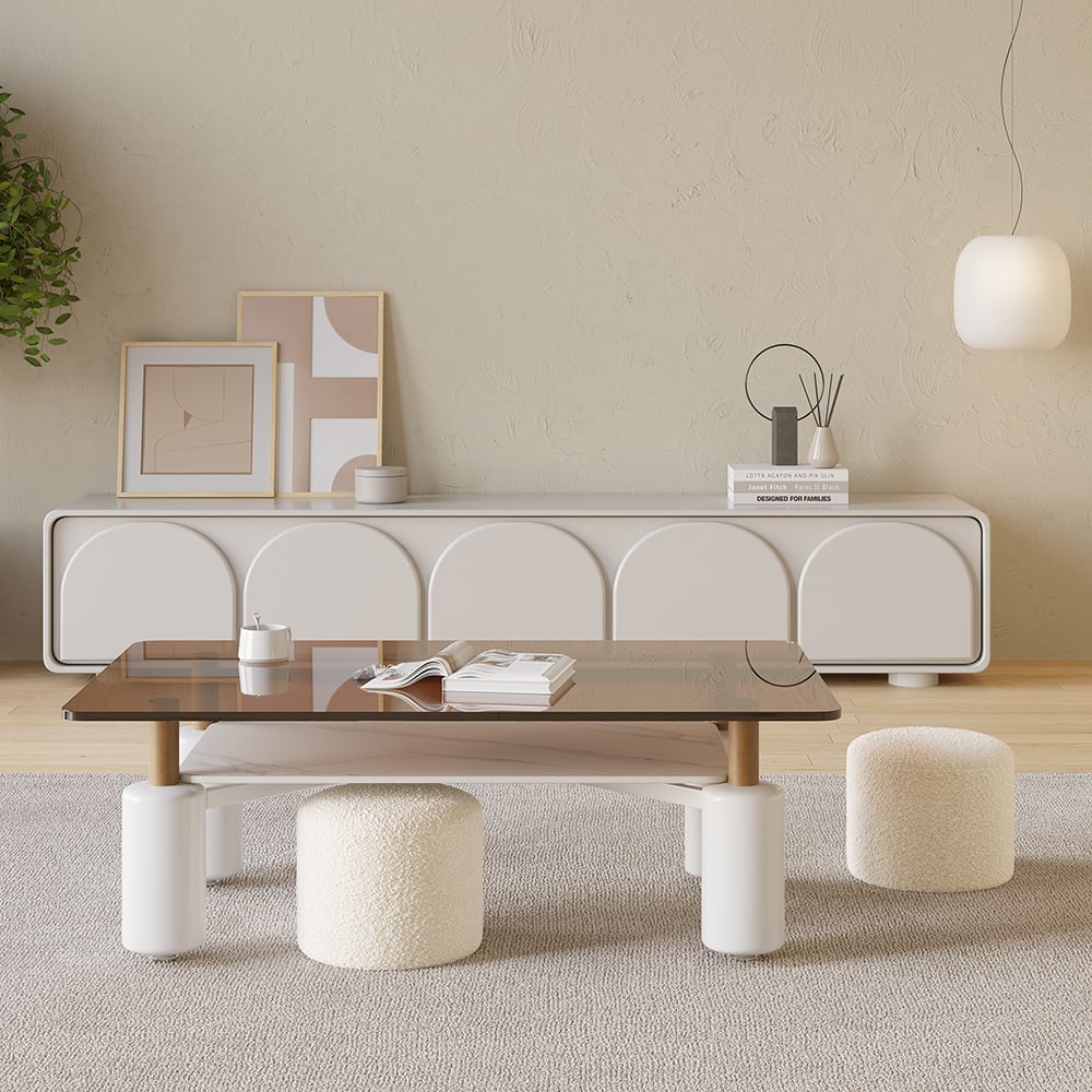 Questions and Answers for Clear Glass Unique Coffee Table & 2 Boucle Nesting Stools Rectangle with Sintered Stone