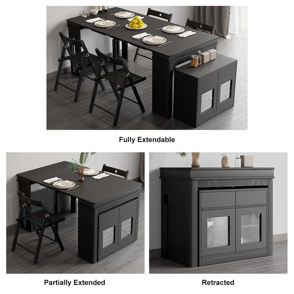 Questions and Answers for 70.9'' Rectangle Folding Wood Dining Table with Sideboard Black Seats 2-4 People