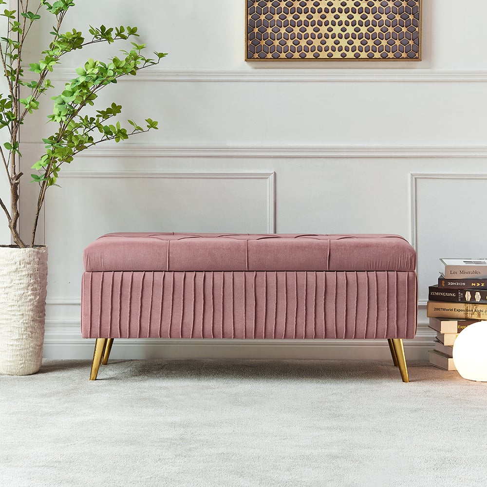 Questions and Answers for Modern Velvet Storage Bench Flip Top in Pink with Gold Legs