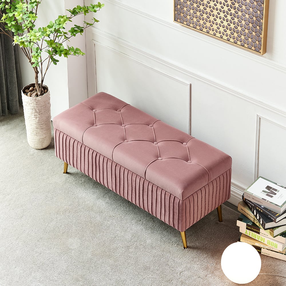 Questions and Answers for Modern Velvet Storage Bench Flip Top in Pink with Gold Legs
