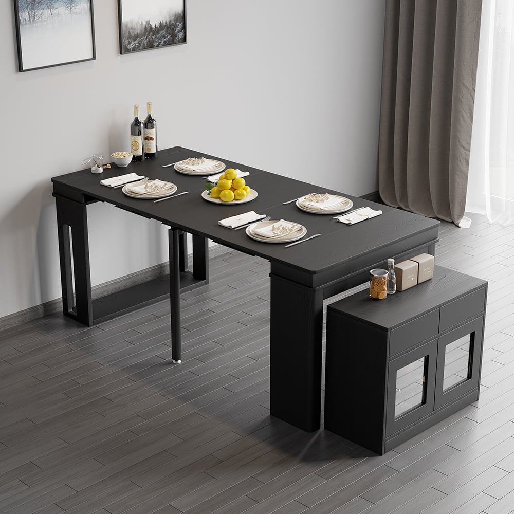 Questions and Answers for 70.9'' Rectangle Folding Wood Dining Table with Sideboard Black Seats 2-4 People