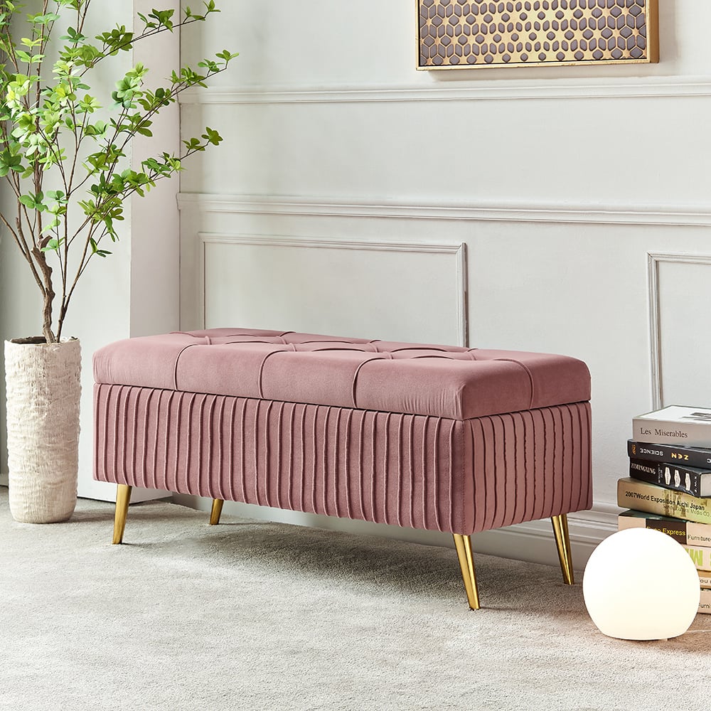 Questions and Answers for Modern Velvet Storage Bench Flip Top in Pink with Gold Legs
