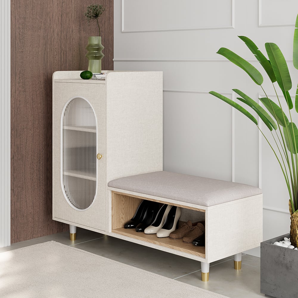 Questions et Réponses pour Armoire de rangement à chaussures moderne rembourrée avec porte, armoire de rangement d'entrée blanche