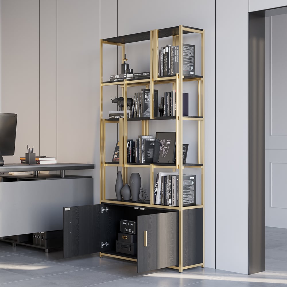 Customer Reviews for 78" 5-Tier Black Bookshelf with Doors Storage Cabinet Gold Frame