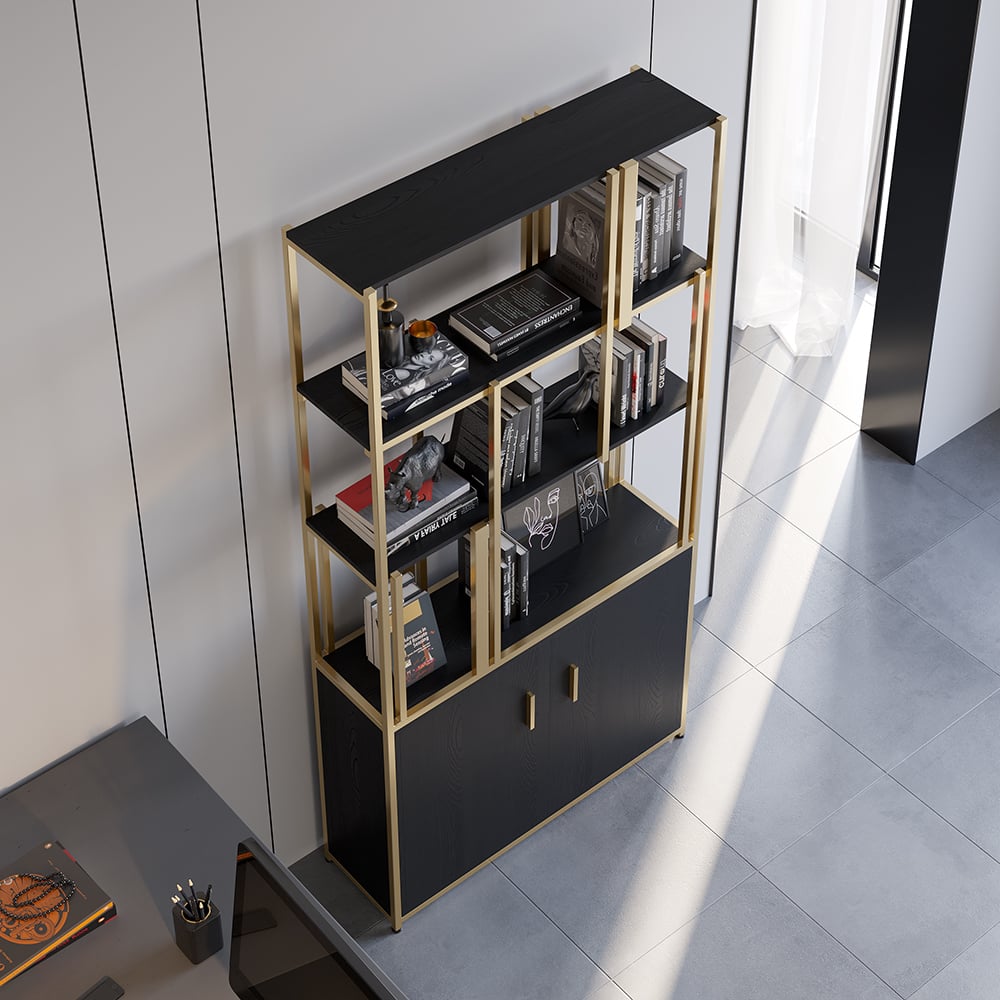 Questions and Answers for 78" 5-Tier Black & Gold Bookshelf with 2 Doors Storage Cabinet 