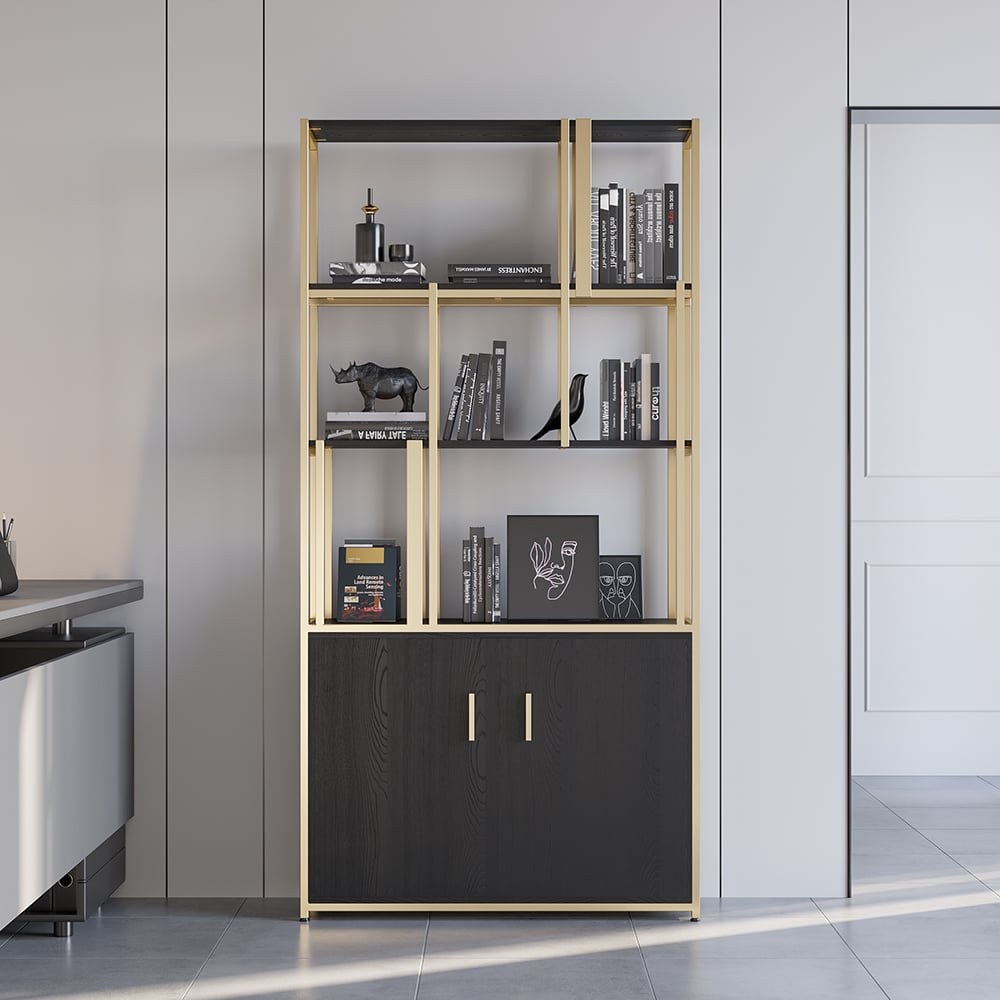 Questions and Answers for 78" 5-Tier Black & Gold Bookshelf with 2 Doors Storage Cabinet 