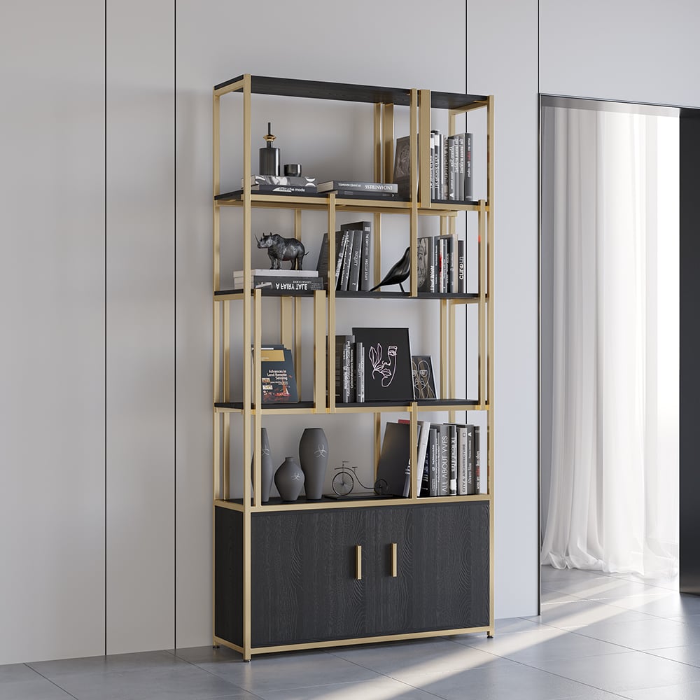 Customer Reviews for 78" 5-Tier Black Bookshelf with Doors Storage Cabinet Gold Frame