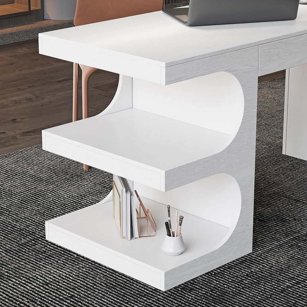 Avis Clients sur Bureau en bois blanc de 1630 mm et chaise de bureau en cuir noir avec dossier haut