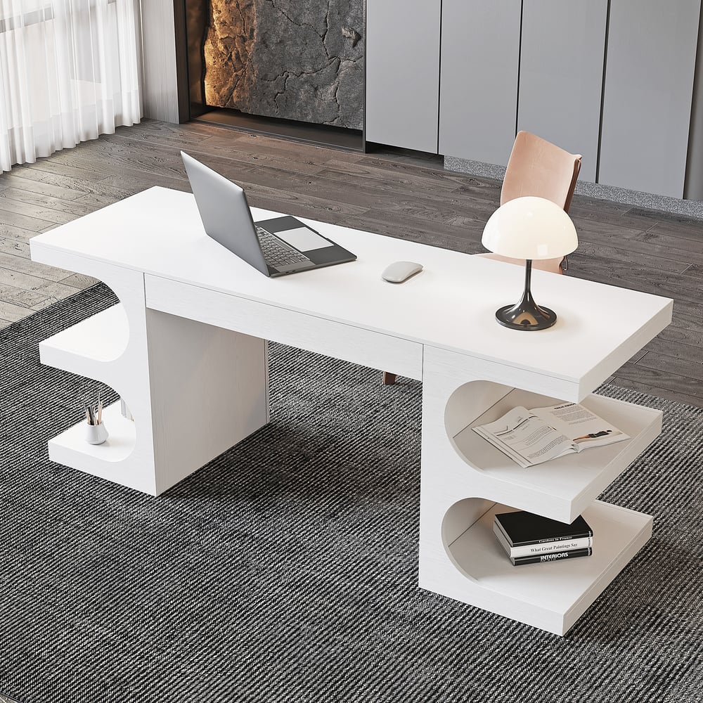 Avis Clients sur Bureau en bois blanc de 1630 mm et chaise de bureau en cuir noir avec dossier haut
