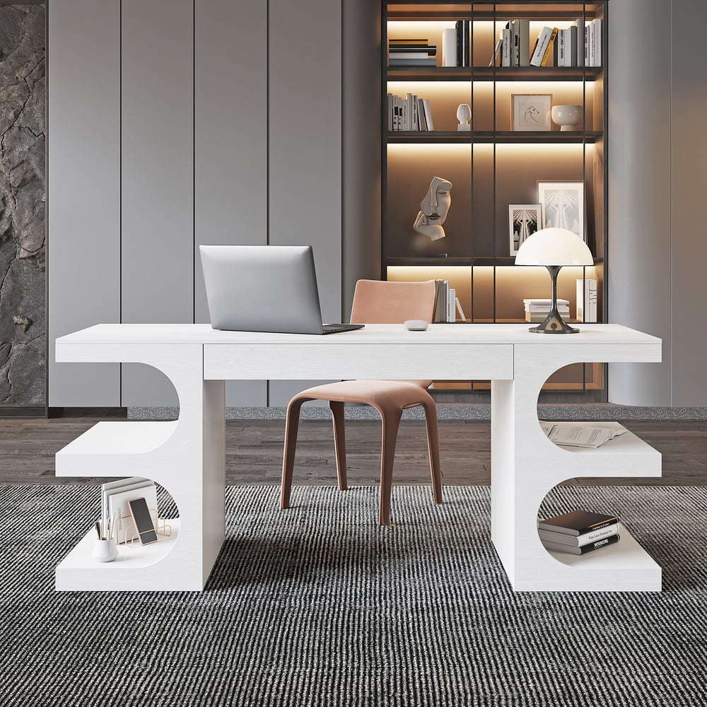 Avis Clients sur Bureau en bois blanc de 1630 mm et chaise de bureau en cuir noir avec dossier haut