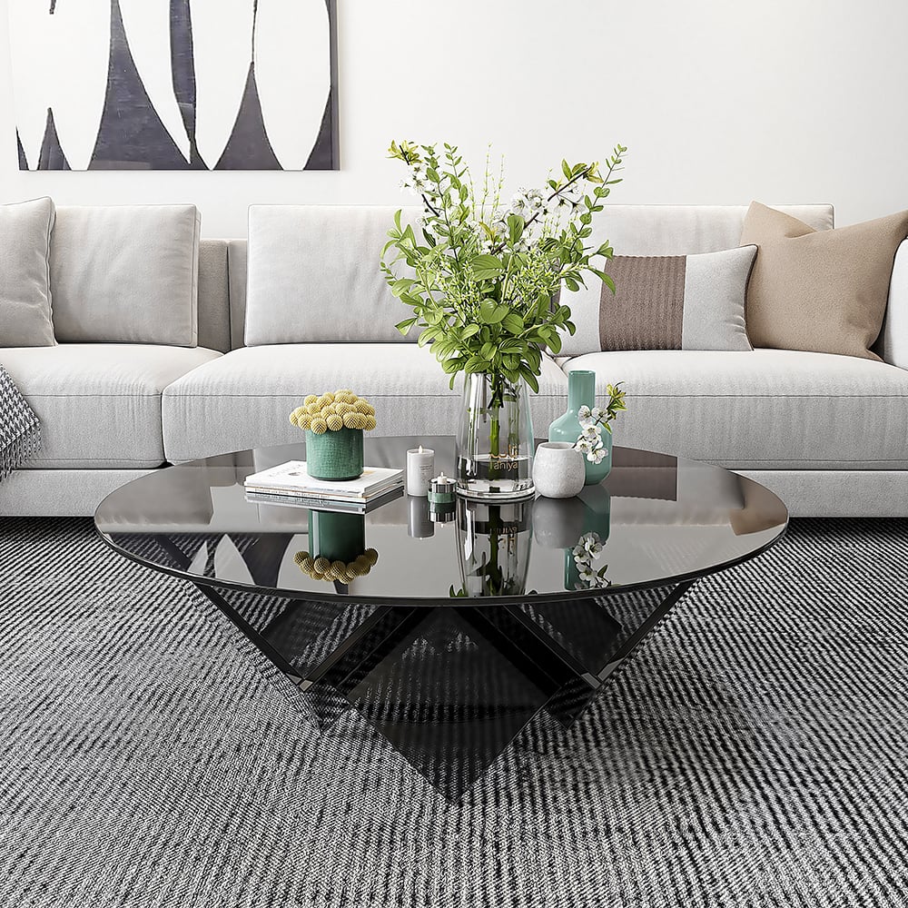 Questions and Answers for Acrylic Black Round Coffee Table in Geometric Abstract Art Deco Base Storage Shelves