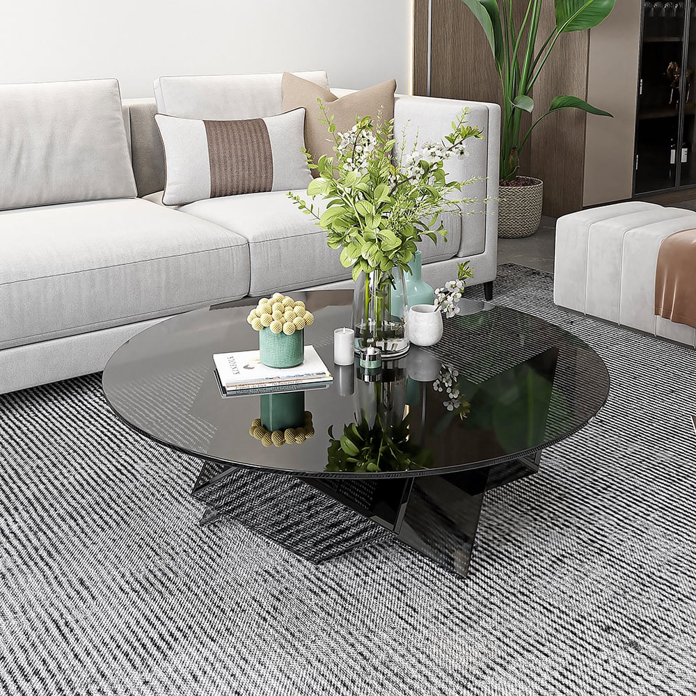 Questions and Answers for Acrylic Black Round Coffee Table in Geometric Abstract Art Deco Base Storage Shelves