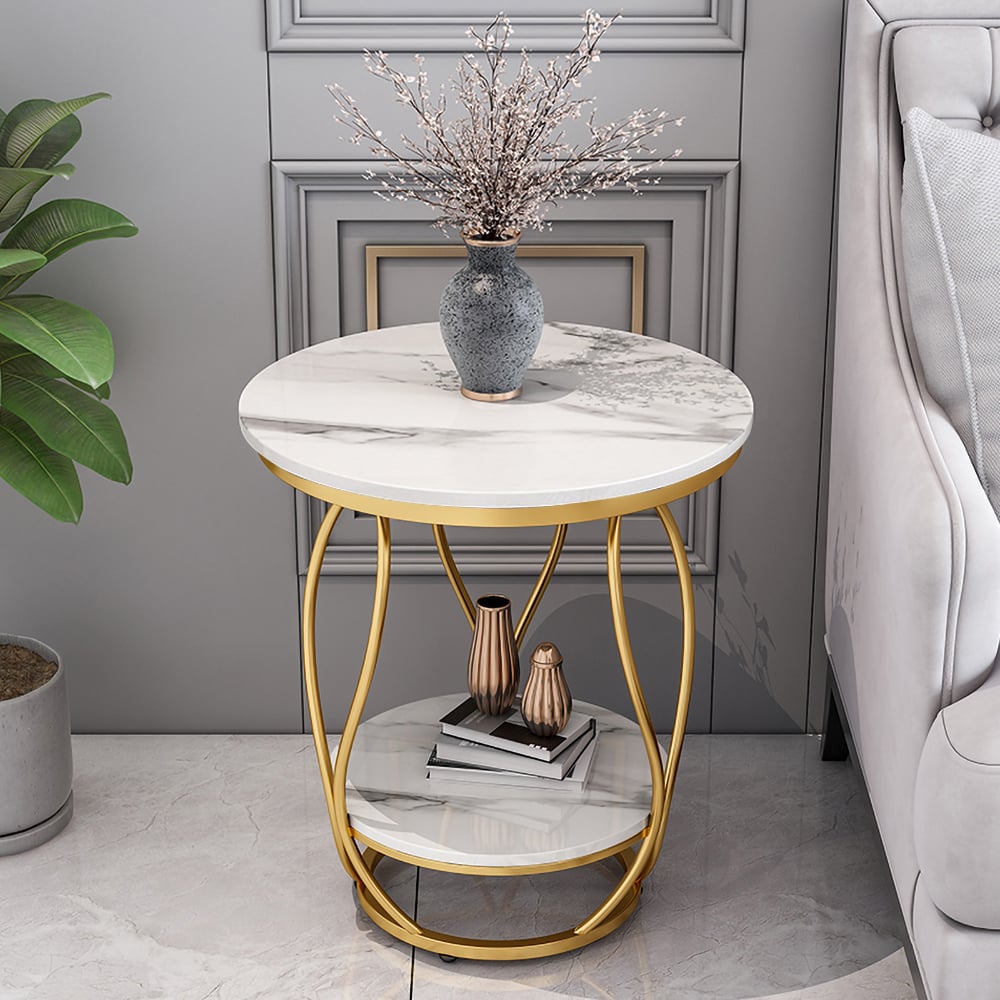 Questions and Answers for White Round Side Table with Storage Marble Top Metal Frame