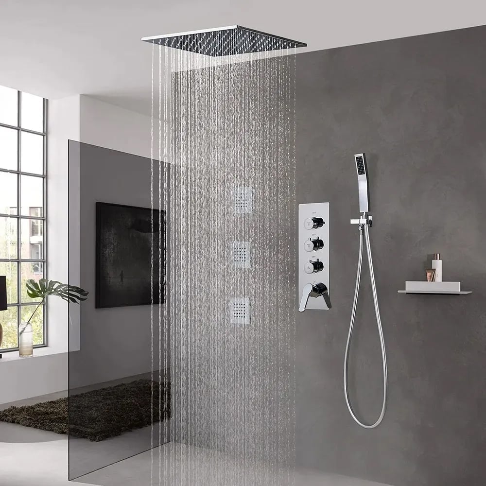 Questions and Answers for Modern 16" Chrome Thermostatic Rain Shower System with Handheld Shower & 3 Body Sprays
